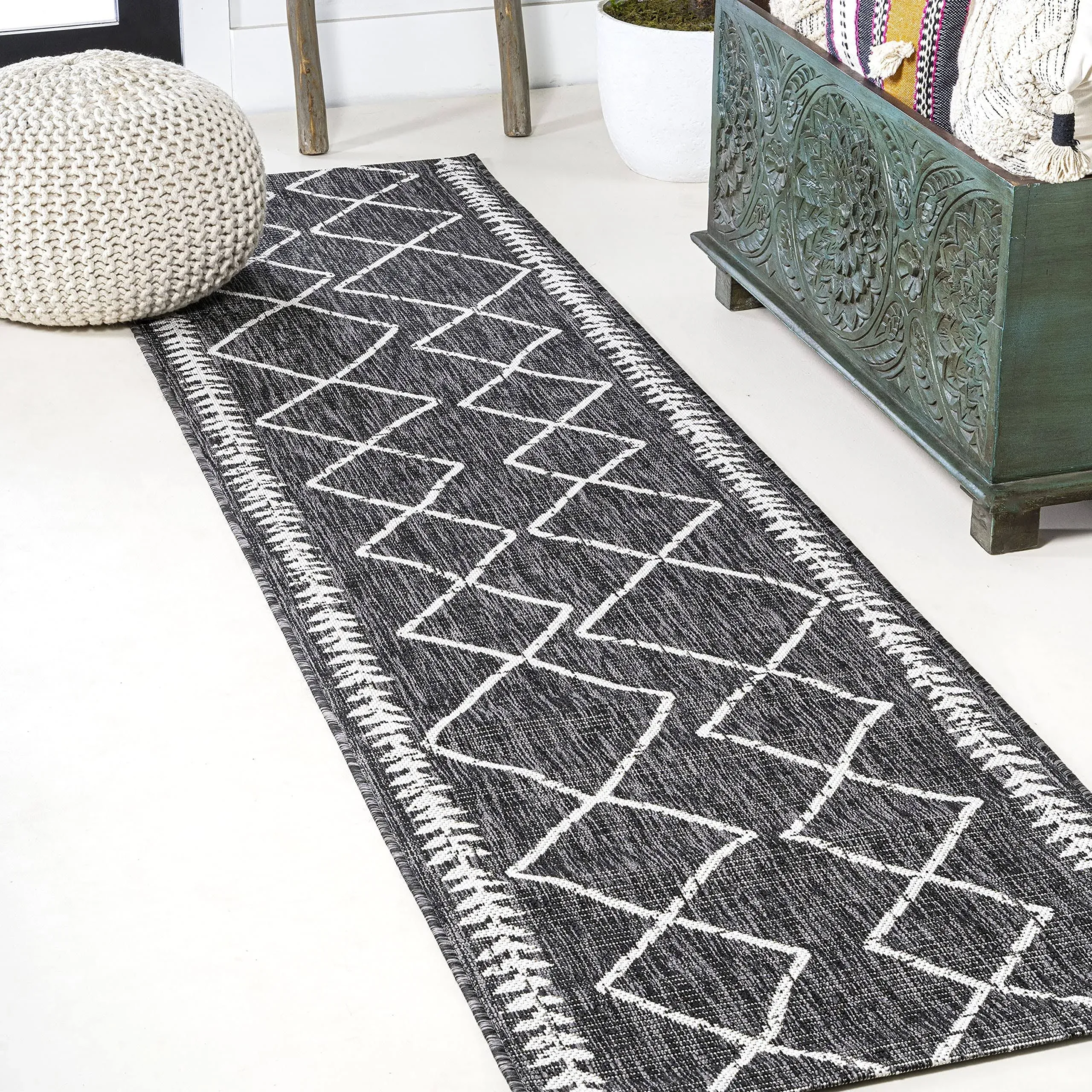 JONATHAN Y SMB129E-210 Derya Tribal Diamond Trellis Indoor Outdoor Area Rug Bohemian Contemporary Easy Cleaning Bedroom Kitchen Backyard Patio Non Shedding, 2 X 10, Black/Ivory
