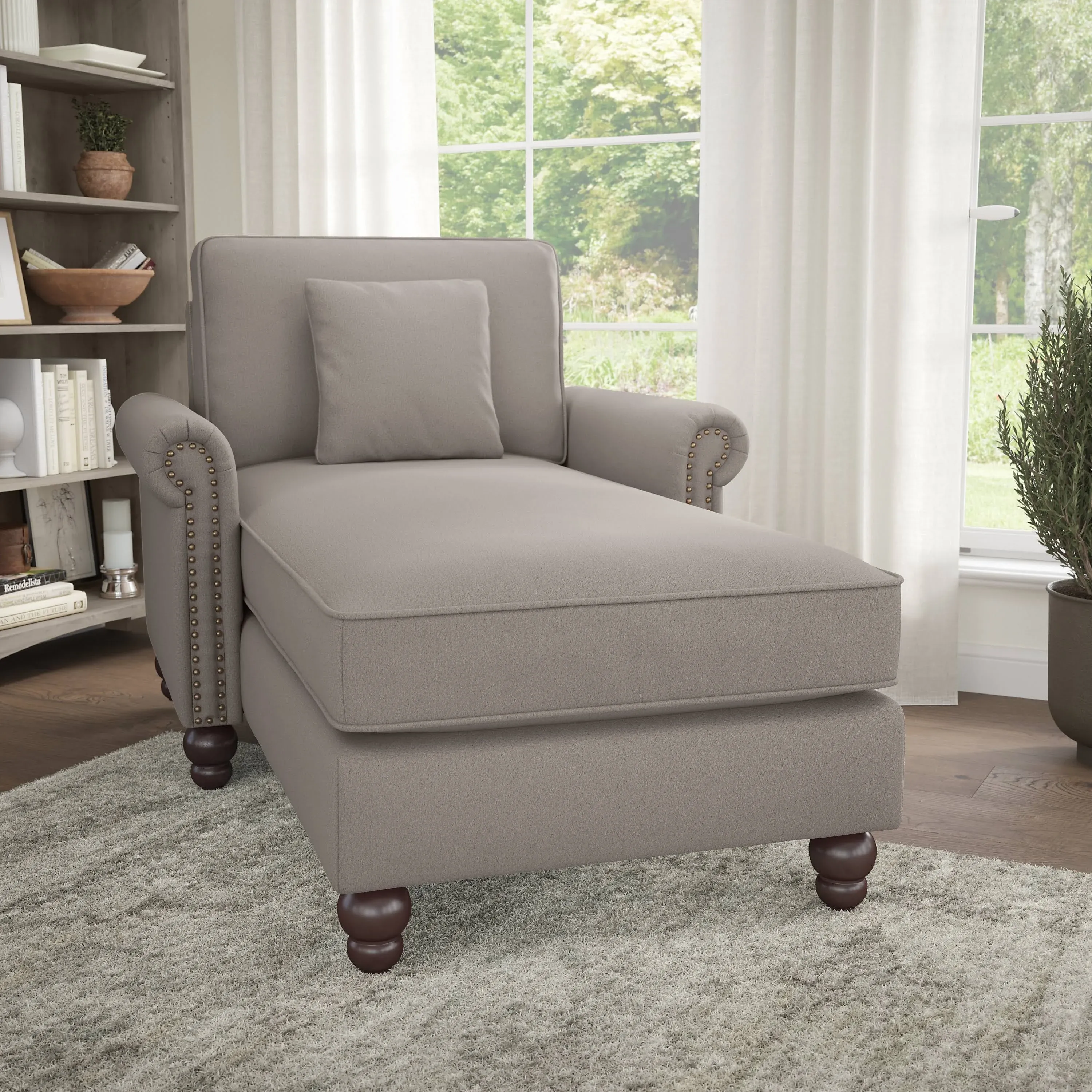 Bush Furniture Chaise Lounge Chair with Arms, Indoor, Traditional Living Room Daybed with Pet-Friendly Fabric Upholstery, Coventry Collection, Beige Herringbone