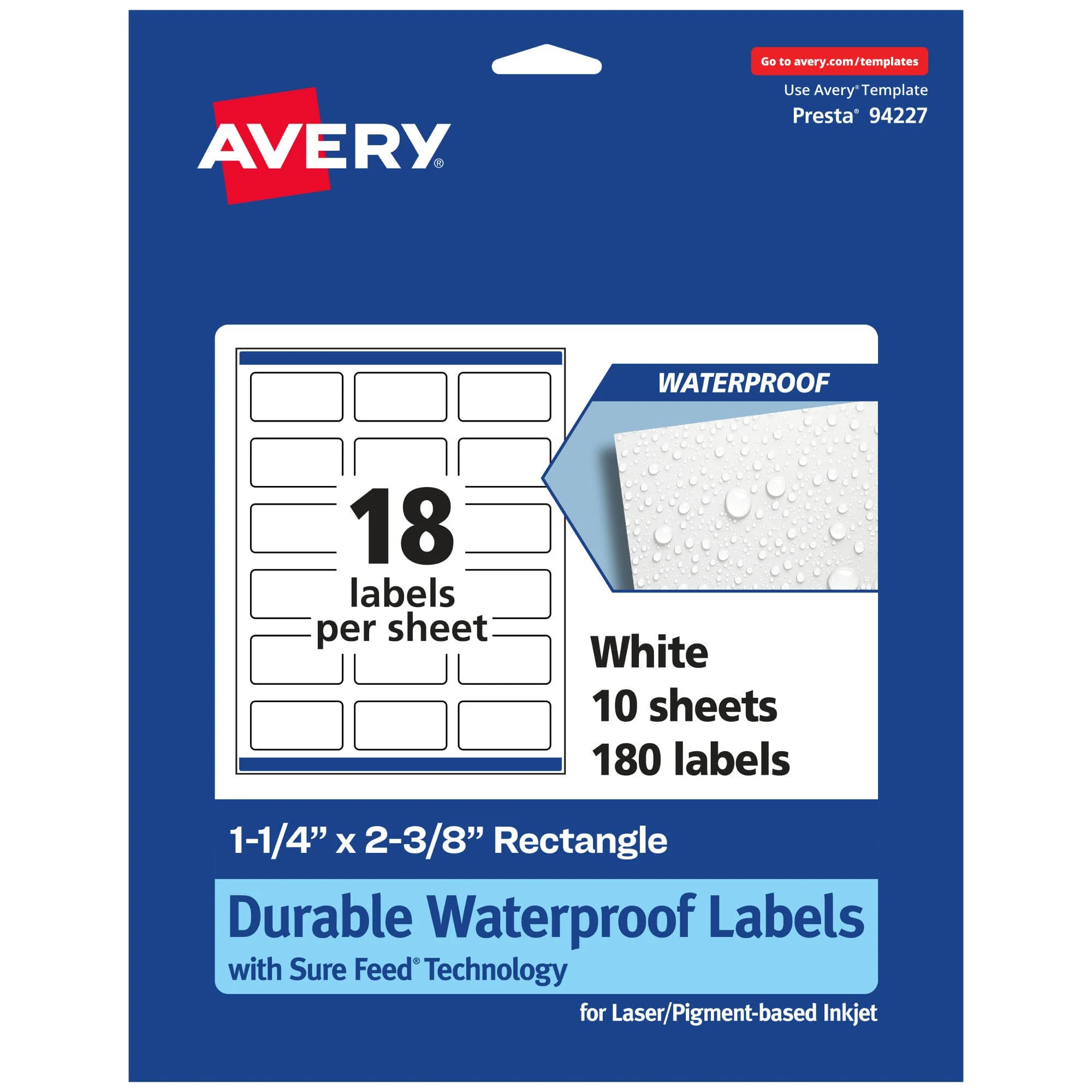 Avery Durable Waterproof Rectangle Labels with Sure Feed, 1-1/4" x 2-3/8", 180 Oil and Tear-Resistant Waterproof Labels, Print-to-The-Edge, Laser/Pigment-Based Inkjet Printable Labels
