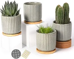 4 Inch Ceramic Plant Pot with Bamboo Saucer, Creative Stripe Grey-green Small Planters Pots with Drainage Hole and Mesh Pads for Succulent, Indoor Flowers, Snake Plants, Cactus, Herbs - Set of 4