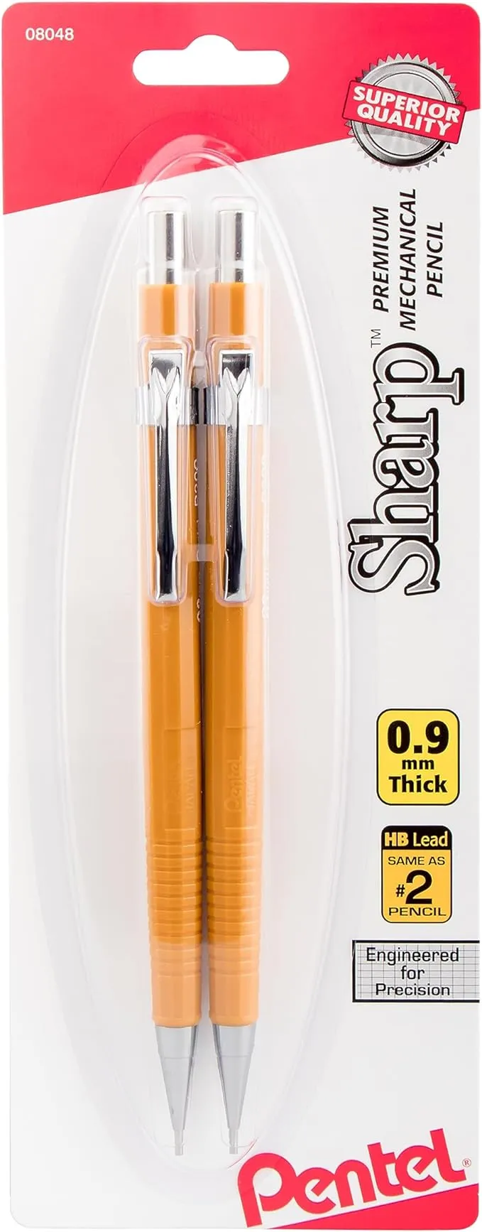 Pentel Sharp Mechanical Drafting Pencil, 0.9 mm, Yellow Barrel, 2/Pack