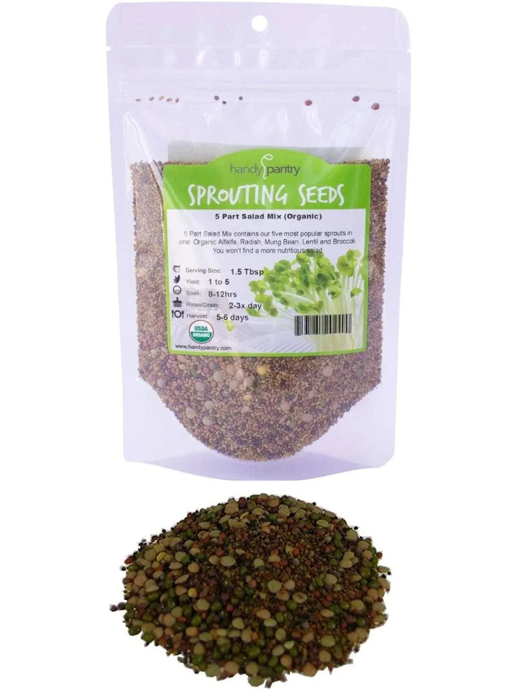 5 Part Organic Sprouting / Sprout Seed Salad Mix - 8 oz - Radish, Mung