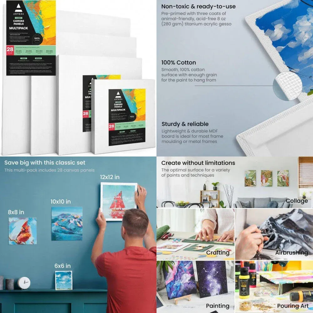 ARTEZA Canvases for Painting, Multipack of 28, 6 x 6, 8 x 8, 10 x 10, 12 x 12 Inches, Square Canvas Boards, 100% Cotton, 8 oz Gesso-Primed, Art