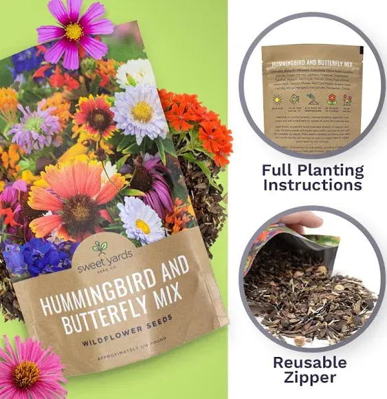 Bulk Wildflower Seeds Butterfly and Humming Bird Mix - 1/4 Pound Bag - Over 30,000 Open Pollinated Annual and Perennial Seeds