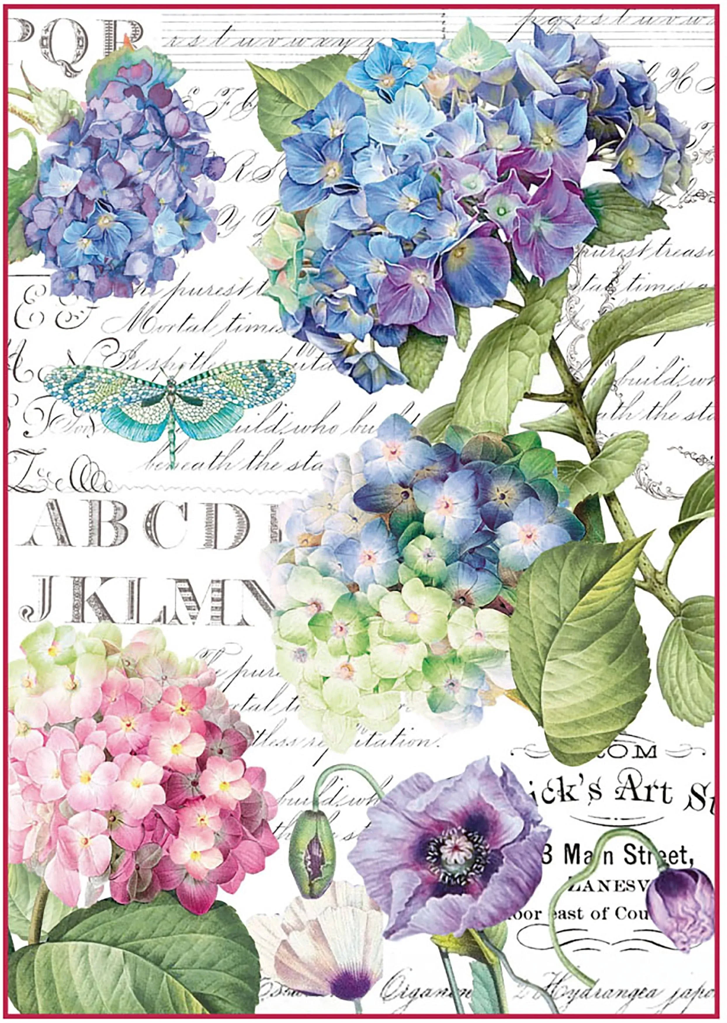 Stamperia A4 Rice paper , Decoupage, Mixed Media,, Hortensia and Dragonfly, Hydrangea, Flowers, 8.3" X 11.7" DFSA4307, Imported
