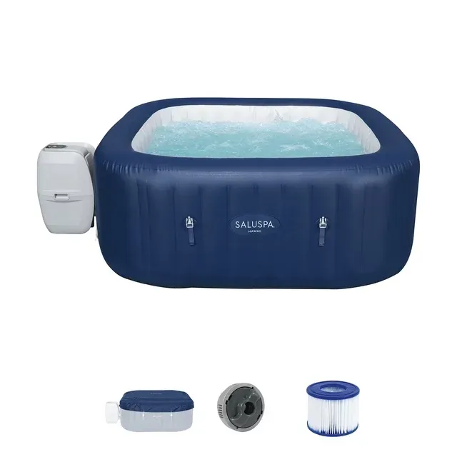 Bestway SaluSpa Hawaii AirJet 4 to 6 Person Inflatable Hot Tub Square Portable Outdoor Spa with 140 AirJets and EnergySense Energy Saving Cover, Blue
