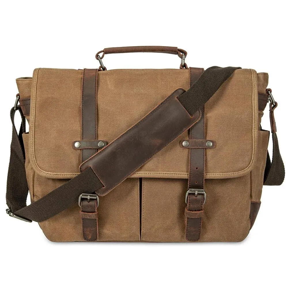 Vintage Genuine Leather Waxed Canvas Briefcase Large Satchel Shoulder Bag Rugged Computer 15.6" Laptop Bag