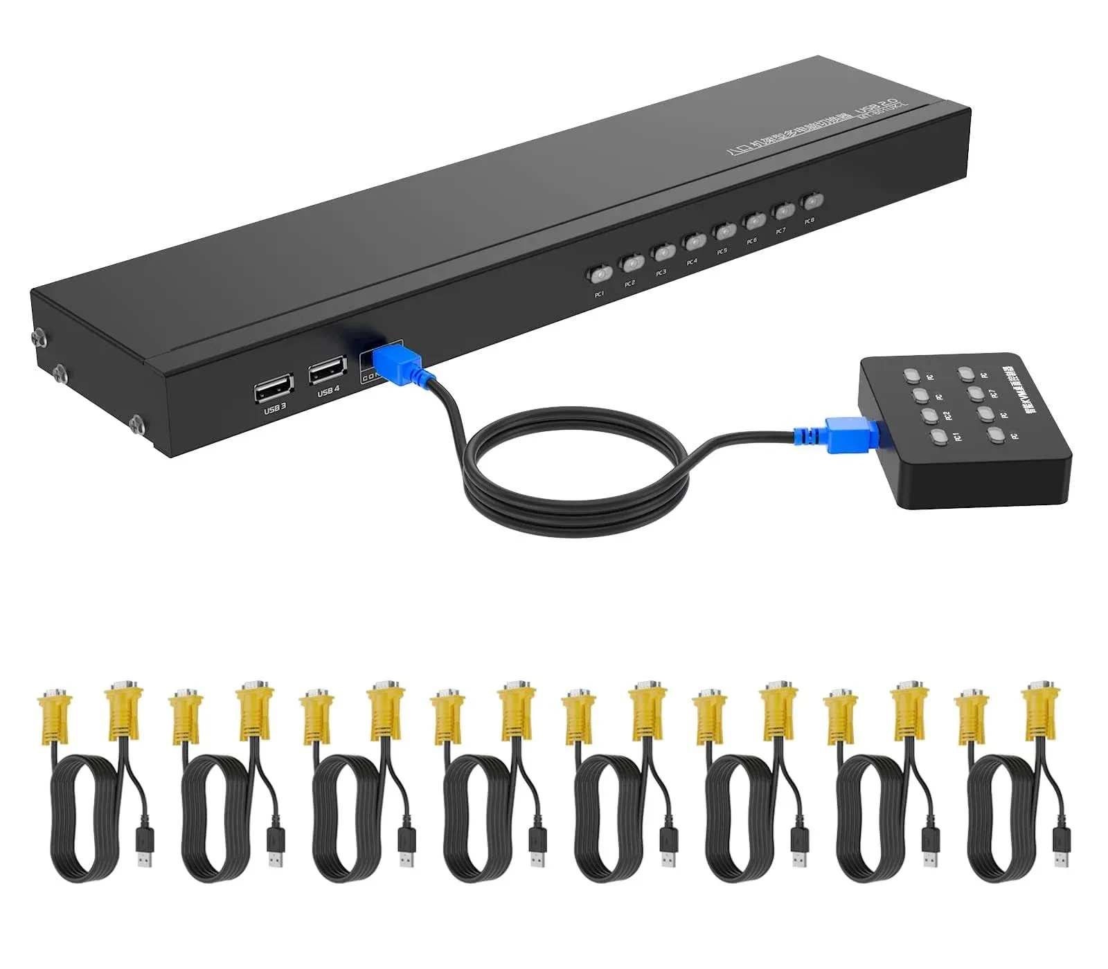 VGA KVM 8 Port, USB VGA Rackmount KVM + 8 KVM Cables + 4 USB Hubs + Wired Desktop Selector + Rack Mount Ears