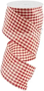 Primitive Gingham Check Wired Edge Ribbon 10 Yards Red Beige 2.5"