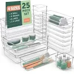 LightInTheBox 25 Pcs Clear Plastic Drawer Organizers Set, 4-Size Versatile Bathroom and Vanity Drawer Organizer Trays, Storage Bins for Makeup, Bedroom, Kitchen