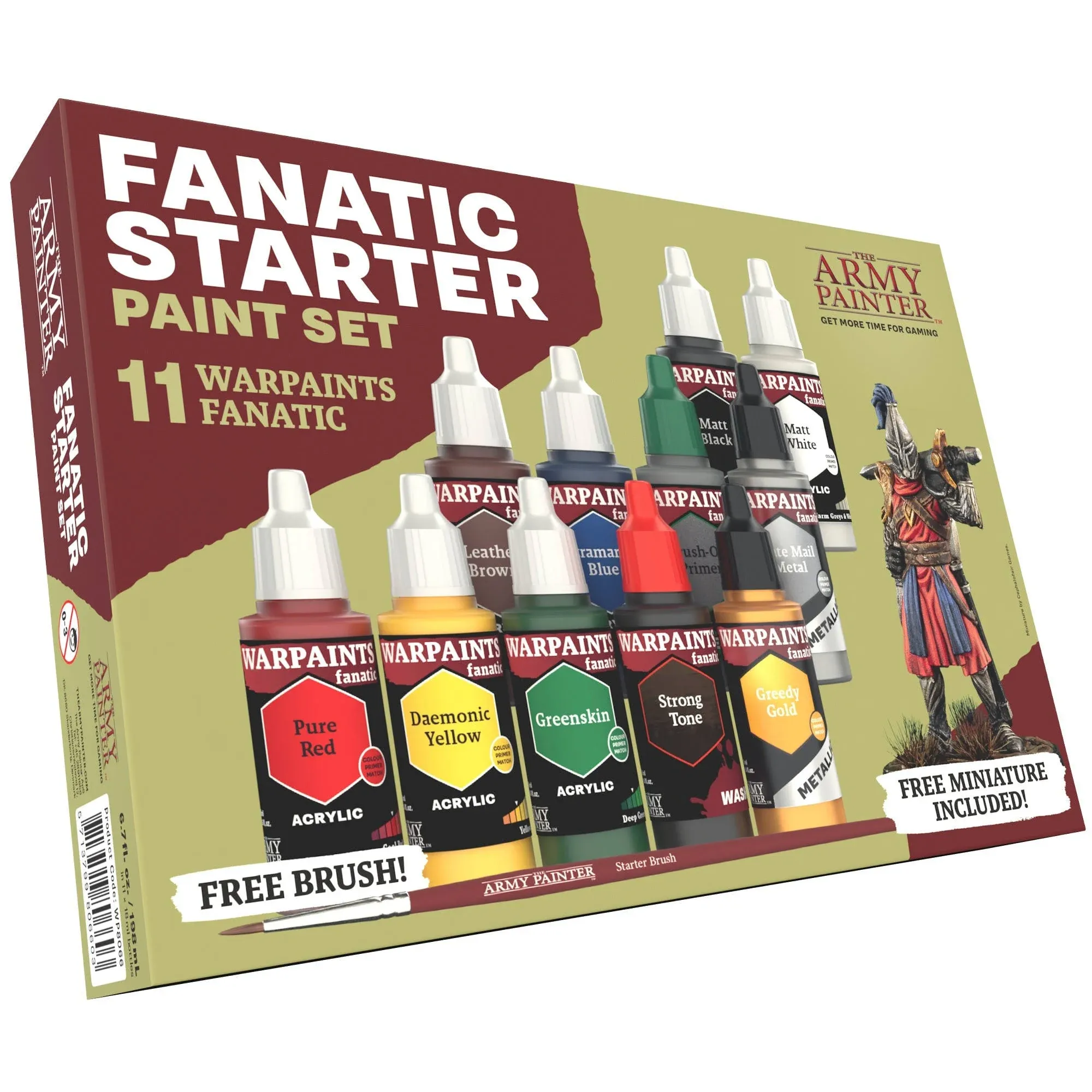The Army Painter Warpaints Fanatic: Starter Set, 11 paints: 7 acrylic colours, 2 Metallics, 1 Wash, 1 Brush-On Primer, 1 Free Miniature figure and Starter Brush