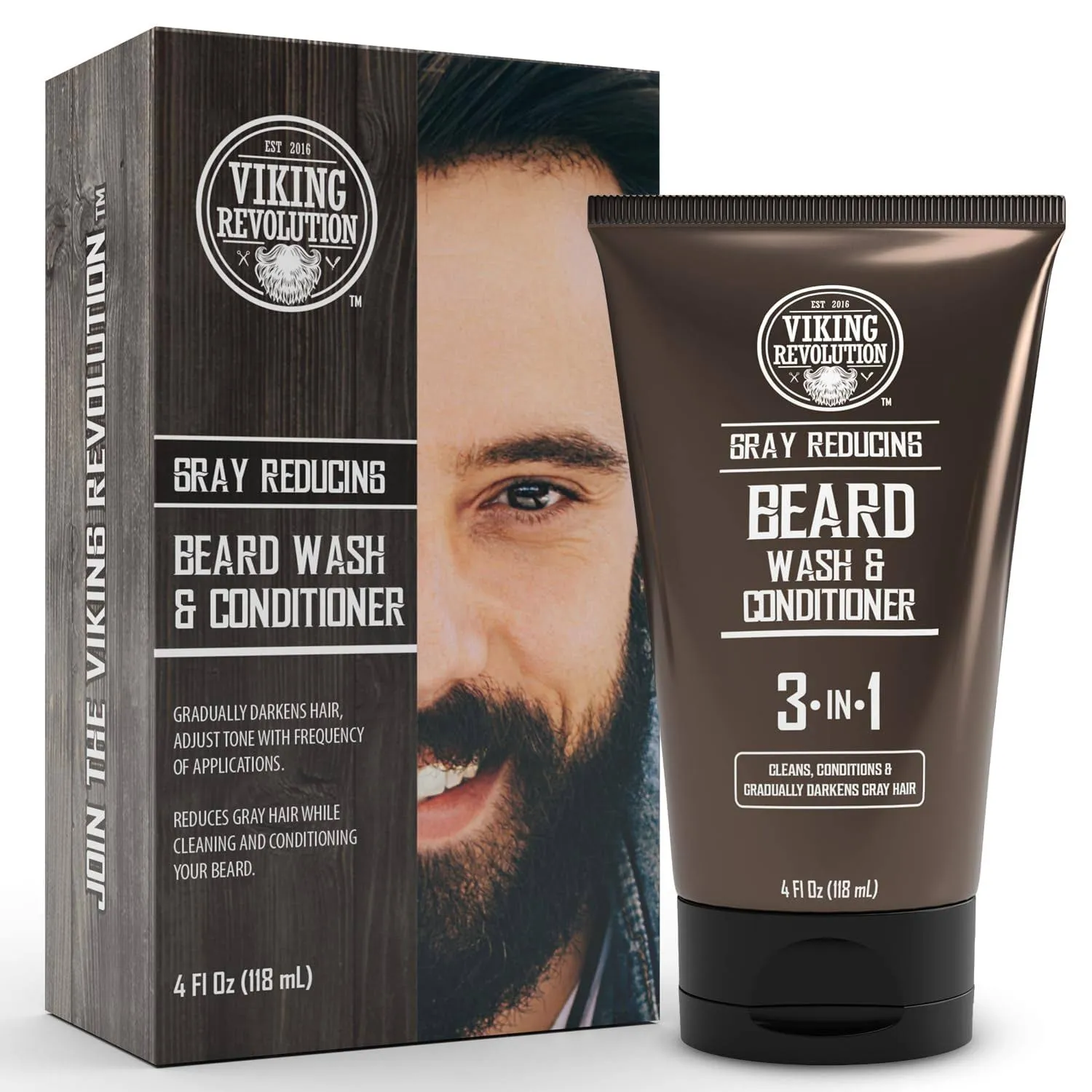 Viking Revolution Mens Beard Dye for Men Dark Brown - Grey Reducing Shampoo Beard Coloring for Men - Mens Beard Color Mustache Dye for Men - Grey Reducing Beard Wash and Conditioner -3 Pack Dark Brown