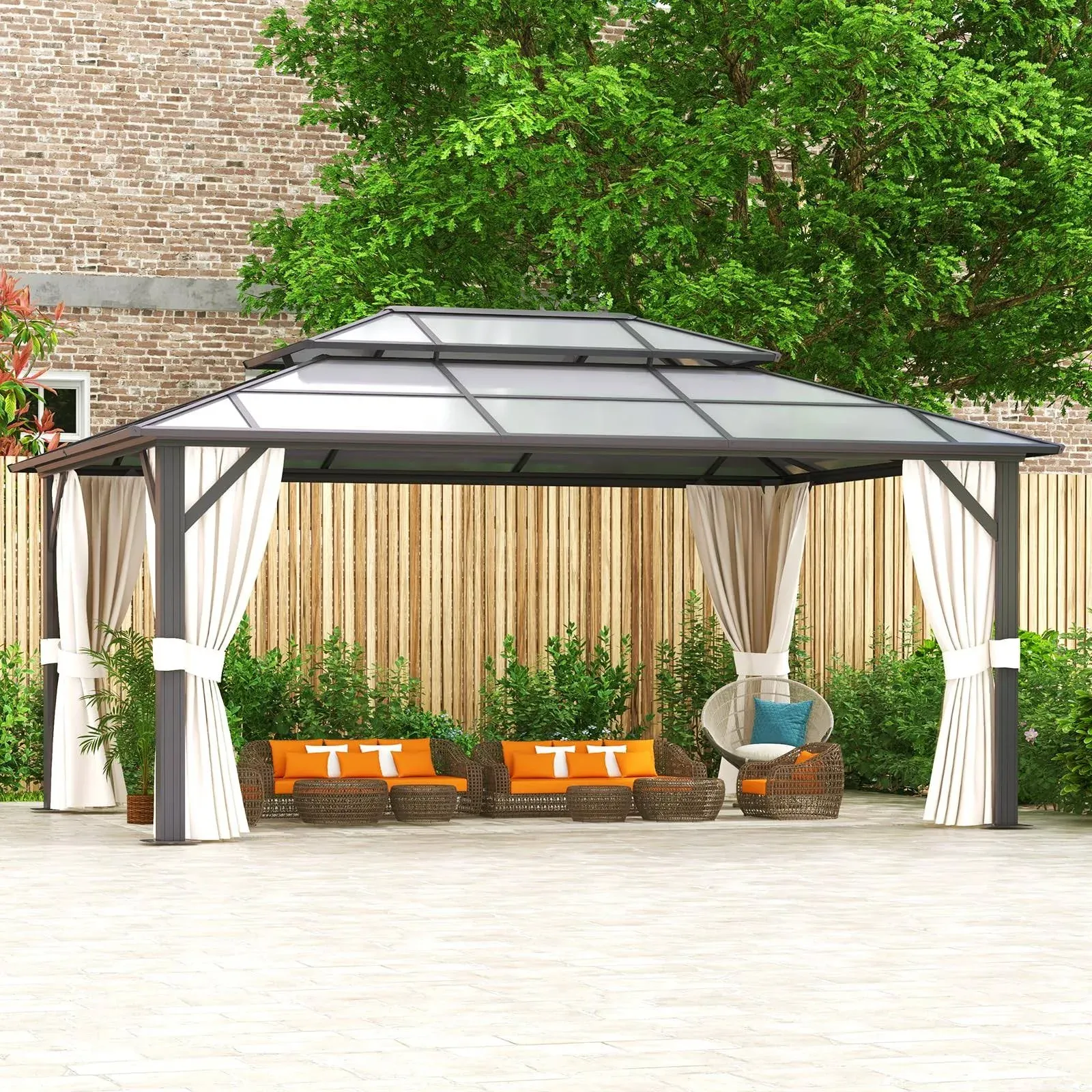 oneinmil 12x16FT Outdoor Polycarbonate Gazebo, Heavy Duty Double Roof Hardtop Gazebo with Aluminum Frame and Netting and Curtains for Patios