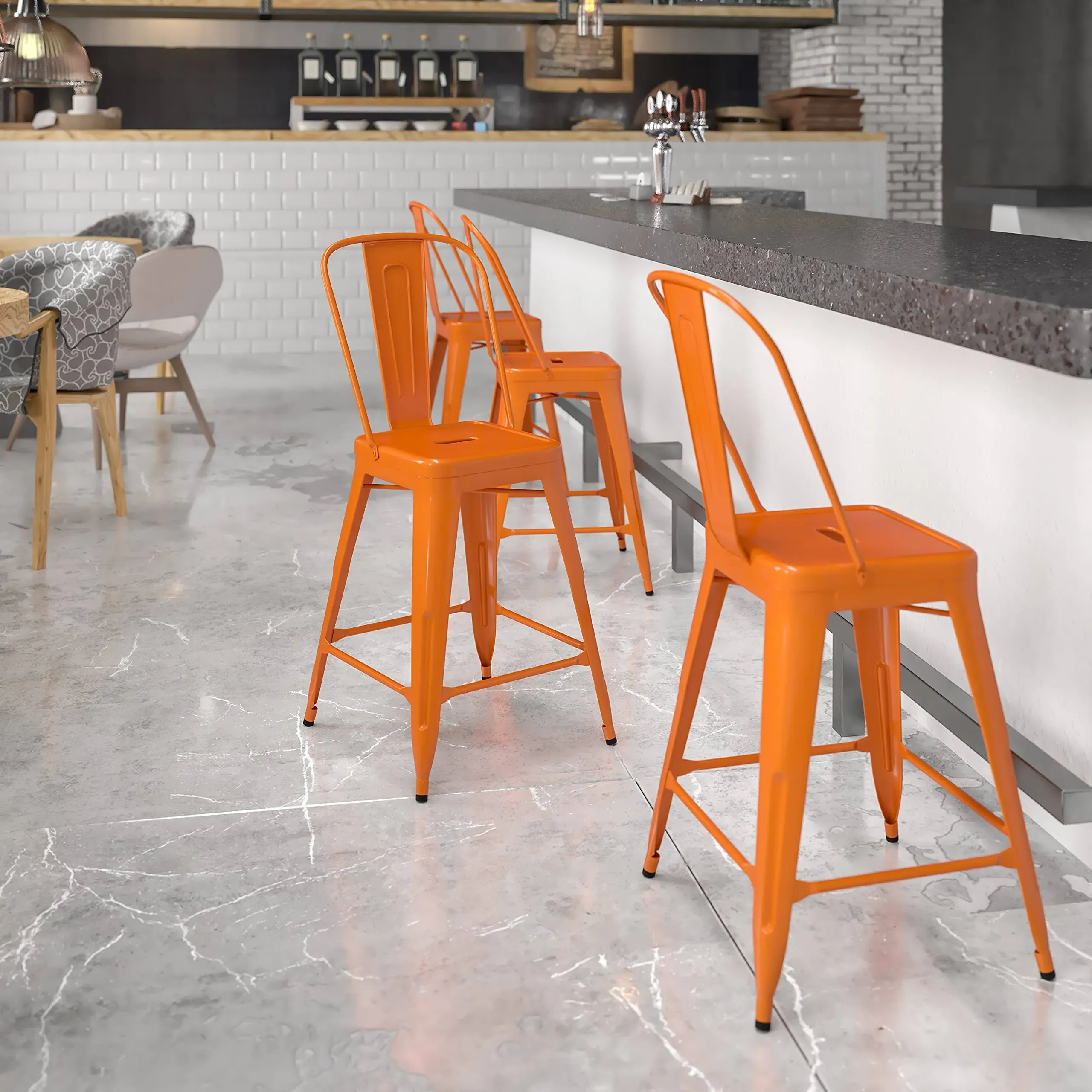 Emma + Oliver Commercial Grade 24"H Orange Metal Indoor-Outdoor Counter Height ...