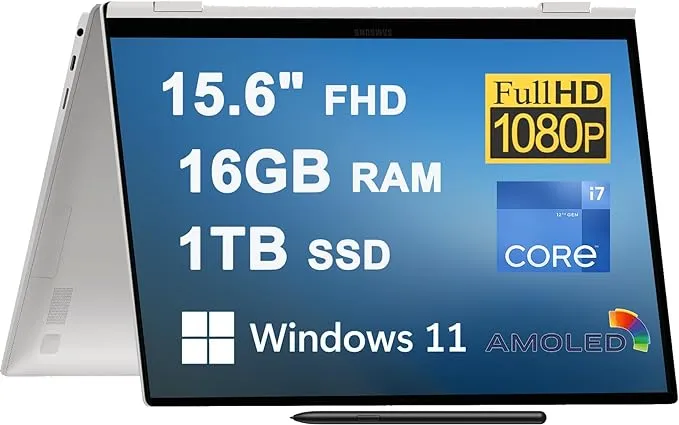 Samsung Galaxy Book2 Pro 360 15 2-in-1 Laptop 15.6" FHD AMOLED Touchscreen Intel 12-Core i7-1260P 16GB RAM 1TB SSD Backlit Fingerprint Thunderbolt USB-C HDMI Pen Win11 Silver