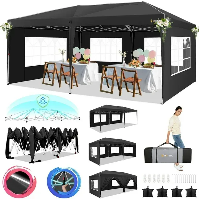 10x20 Pop Up Canopy Tents for Parties, Outdoor Tent with Wheeled Bag & 4 Sand...