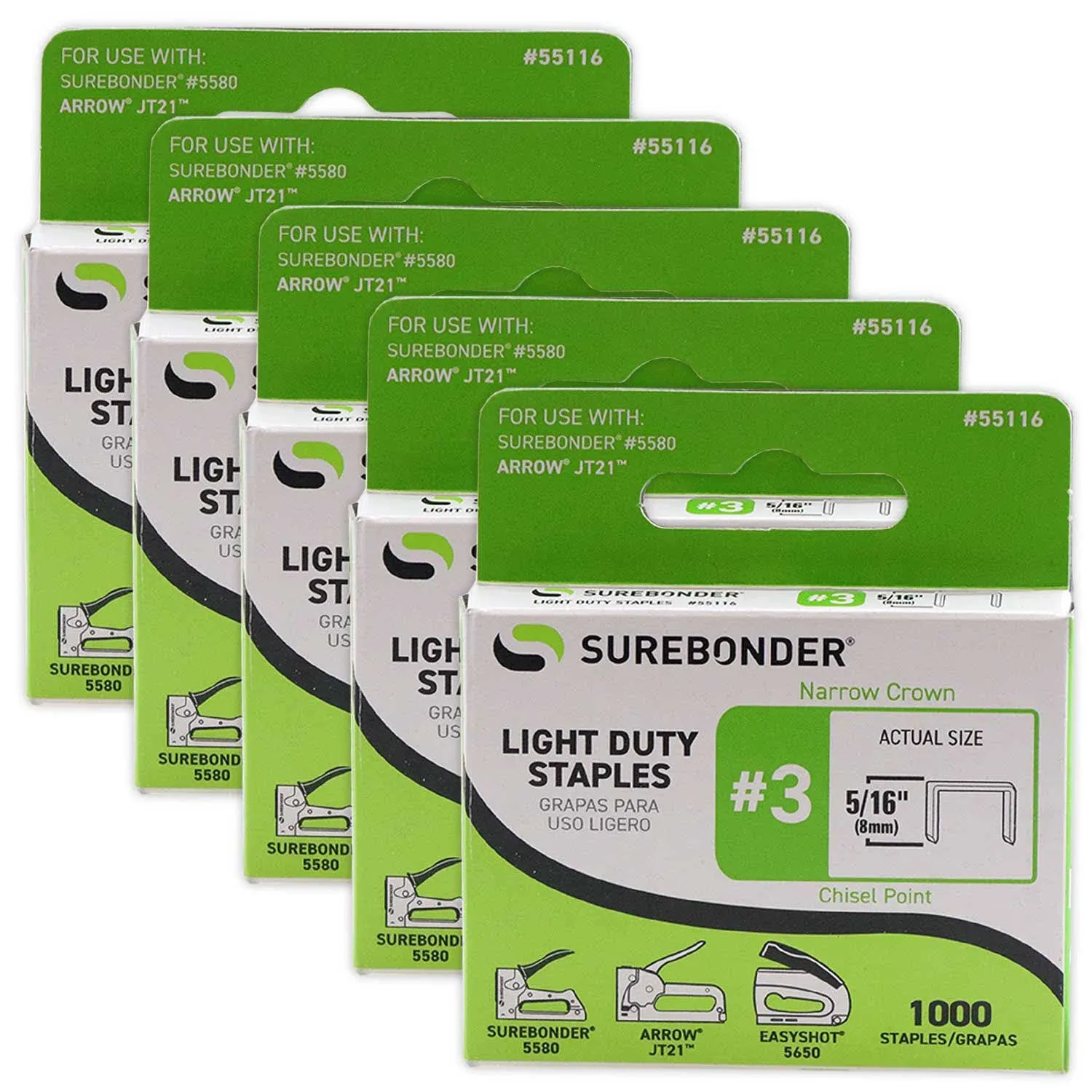 Surebonder 5/16 inch Light Duty Narrow Crown Staples - 1000/Box, 5 Pack