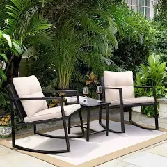 3 Pieces Rocking Wicker Bistro Set, Patio Outdoor Furniture Conversation Sets...