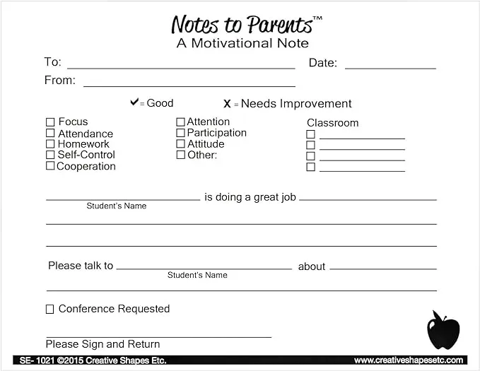 SHAPES ETC. 4.25” x 5.5” Motivational - Notes to Parents, 50 Two-Part Carbon-Less Forms in a Pack for Notes Home, Student Progress Reports, Teacher Reports, Communication to Parents, Learning Aid