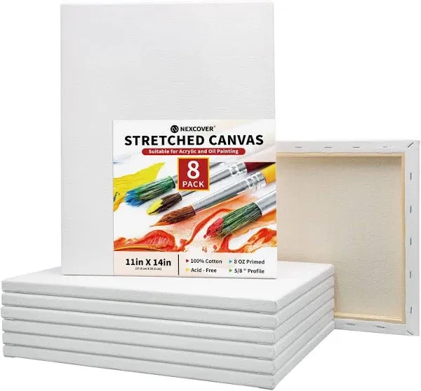 Stretched Canvas - 8 Pack 11x14 Inch 5/8” Profile 100% Cotton Art Canvas Trip...