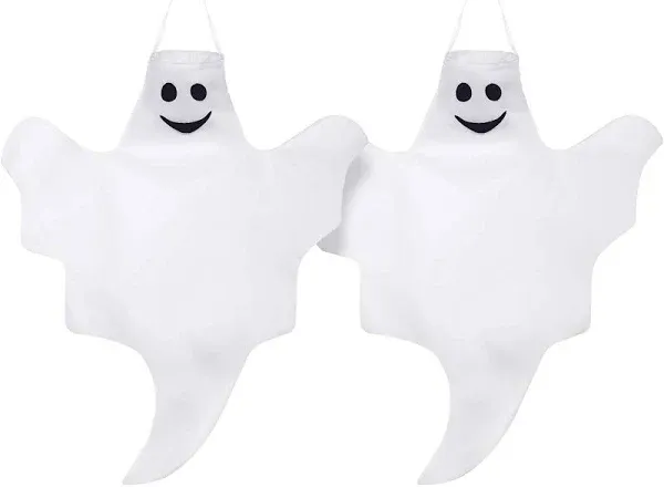 Skylety 2 Pcs 32 Inch Outdoor Halloween Ghost Decorations Tree Hanging Windsock White Flying Ghosts for Indoor Outdoor Tree Front Yard Porch Lawn Garden Pillar Party Decorations