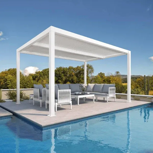 PURPLE LEAF Outdoor 12' × 20' Louvered Pergola with Short Side Beam Roller Blinds and Patio Adjustable Aluminum Canopy Retractable Metal Roof for Deck Outside Backyard Hardtop Gazebo Sun Shade