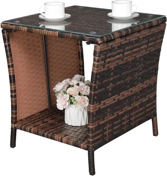 Outvita Outdoor Side Table Rattan Coffee Table Small End Table with Glass Top Storage for Patio Porch Backyard Balcony