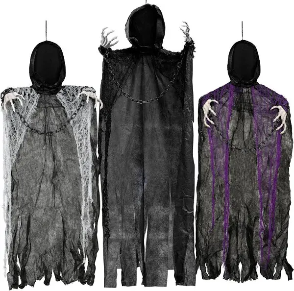 JOYIN 3 Pcs Halloween Hanging Grim Reapers Decorations Outdoor, One 47", Two 35" Faceless Hanging Ghost Decor for Halloween Graveyard Yard, Haunted House Prop, Halloween Party Supplies Decor