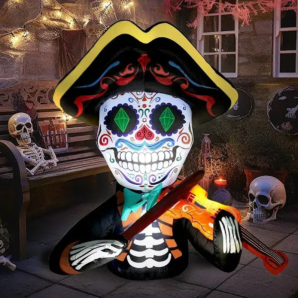 WBHome 4 Ft Halloween Inflatable Outdoor Pirate Violin Decorations, Day of The Dead Blow Up Yard Decor with Built-in LED Light (Plug in) for Lawn Home Dia de Los Muertos Party Indoor Outdoor