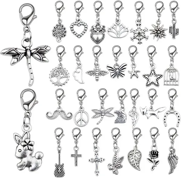 Aylifu 30pcs Clip on Charm Pendants Vintage Mixed Animal Flower Heart Beads Charms