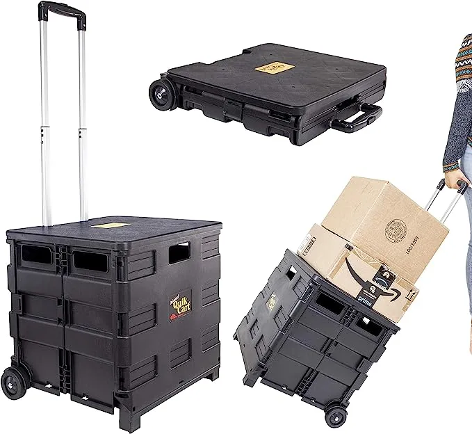 dbest products Quik Cart Collapsible Rolling Crate on Wheels for Teachers Tote Basket 80 lbs Capacity, Made from Heavy Duty Plastic and used as a Seat, Standard, Red