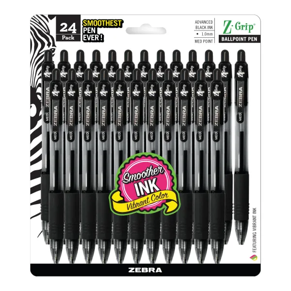 Zebra Z-Grip Retractable Ballpoint Pen, Medium Point, Black Ink, 24/Pack (12221)