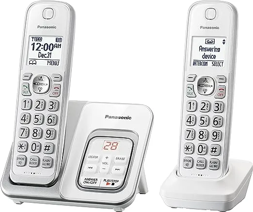 Panasonic DECT 6.0 Expandable Cordless Phone with Answering Machine and Smart Call Block - 2 Cordless Handsets - KX-TGD532W (White/Silver)