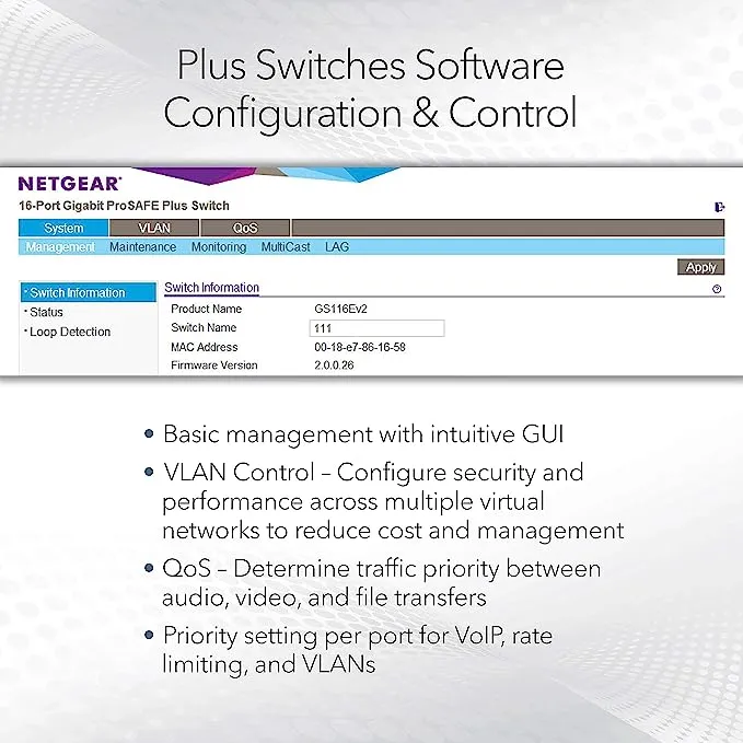 NETGEAR 5-Port Gigabit Ethernet Plus Switch (GS105Ev2) - Managed, Desktop or Wall Mount, and Limited Lifetime Protection