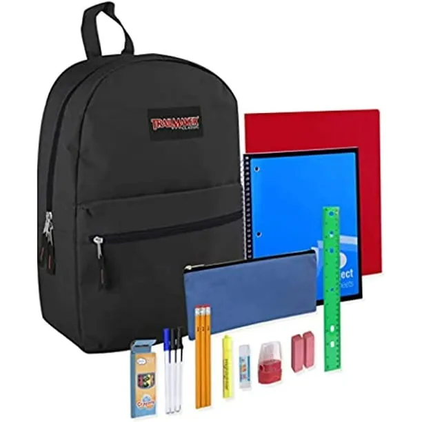 Trail maker Backpack with School Supplies for Kids - 20 Piece Back to School Supplies with 17" Backpack (Black)