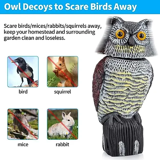 HiAnifri Owl Decoys to Scare Birds Squirrels Away,Owls to Frighten Birds 360 Degree Rotating Head,Plastic Owl Decoy to Scare Birds Away Deterrent,gar