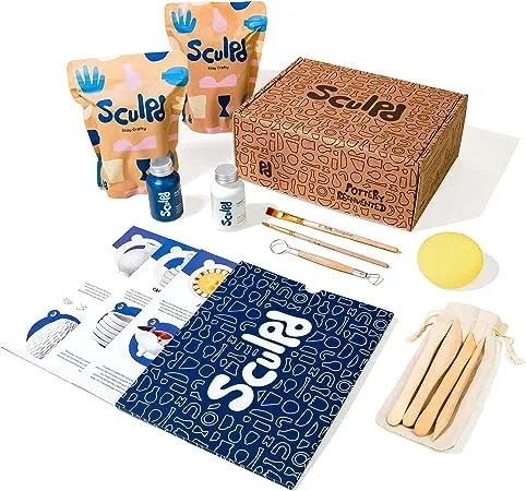 Sculpd Pottery Kit, Air-Dry Clay Starter Kit for Beginners with Matte Varnish, Pottery Kit Includes: Paint, Tool Set, Paintbrushes, Sponge and Step-by-Step Guide, Air Drying Clay Kit for Adults