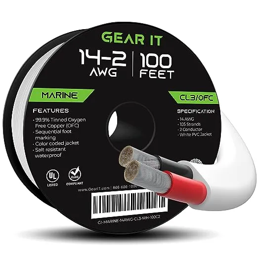 GearIT 14/2 Marine Wire (100 Feet) 14AWG Gauge - Tinned OFC Copper/Marine Grade Speaker Cable/Duplex / 2 Conductors - OFC Oxygen-Free Copper, White 100ftGearIT 14/2 Marine Wire (100 Feet) 14AWG Gauge - Tinned OFC Copper/Marine Grade Speaker Cable/Duplex