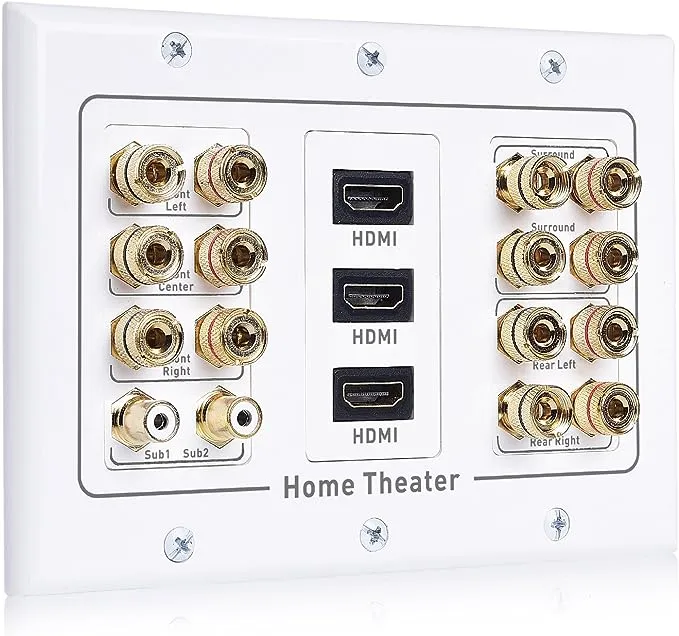 Cable Matters Triple Gang 7.2 Speaker Wall Plate with HDMI (Home Theater, Banana Plug Wall Plate) in White