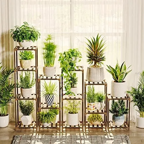 Bamworld Plant Stand with Wheels for Indoor Plants Wood Outdoor Tiered Shelf 3 Tire 7 Potted Ladder Plant Holder Table Pot Stand for Window Garden Balcony Patio Living Room (natureDL)Bamworld Plant Stand with Wheels for Indoor Plants Wood Outdoor Tiered