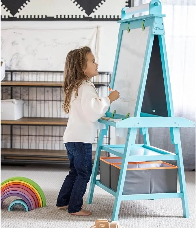 Little Partners 2-Sided A-Frame Art Easel with Chalk Board, Magnetic Dry Erase, Storage, Paper Feed and Accessories for Toddlers, Teal Frosting