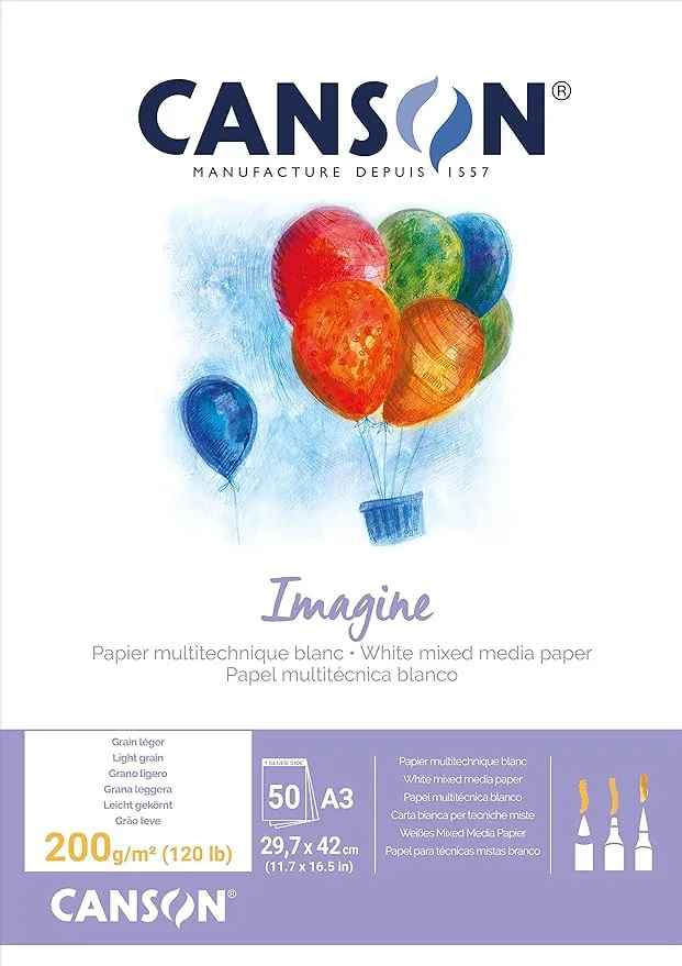 Canson Imagine Mixed Media 200gsm Paper, Natural White, A3 Pad Including 50 Sheets