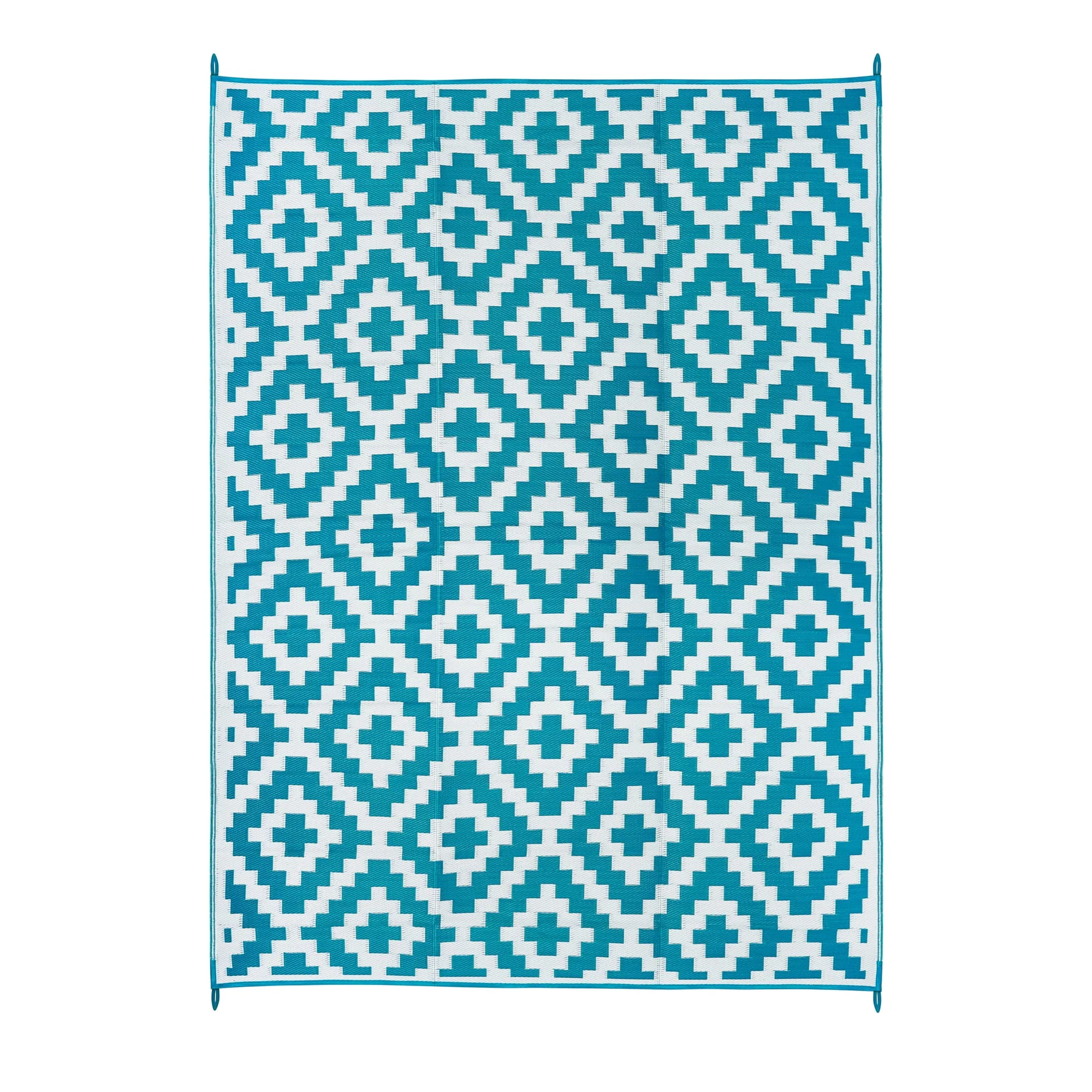 FH Home Outdoor Camping Rug - Waterproof, Fade Resistant, Reversible - Premium Recycled Plastic - Geometric - Large Patio, Deck, Sunroom, RV - Aztec - Teal & White - 9 x 12 ft Foldable