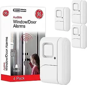 GE Personal Security Window and Door Alarm, 4 Pack, DIY Protection, Burglar Alert, Wireless, Chime/Alarm, Easy Installation, Home Security, Ideal for Home, Garage, Apartment and More, 45174 White
