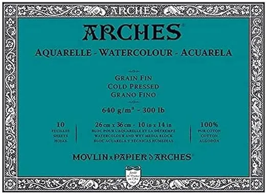 ARCHES Aquarelle – 10 张 26 x 36 厘米,四面粘合 – 640 克/平方米 – 缎纹,自然白,4 个自由边缘