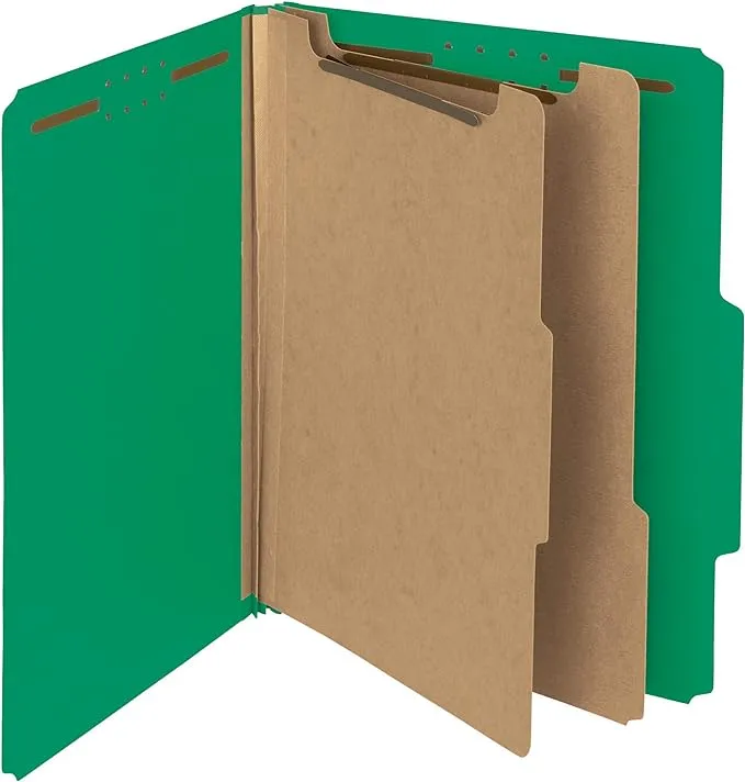 Smead 100% Recycled Pressboard Classification Folders, 2/5-Cut Tab, Letter Size, 2 Dividers, Green, 10/Box (14063)