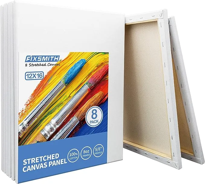 FIXSMITH Stretched White Blank Canvas - 12 x 16 Inch, Bulk Pack of 8, Primed, 100% Cotton, 5/8 Inch Profile of Super Value Pack for Acrylics,Oils & Other Painting Media.