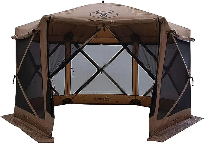 Gazelle Tents G6 Deluxe Pop Up 6 Sided Portable Hub Gazebo Screen Canopy Tent with Large Main Door, Wind Panels, and Mesh Screens, Brown