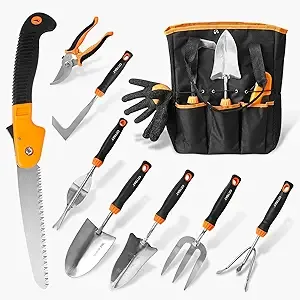 Juego de herramientas de jardín, 10 piezas de herramientas de jardinería resistentes de acero inoxidable con sierra plegable, kit de iniciación de herramientas de mano de jardín, herramientas de