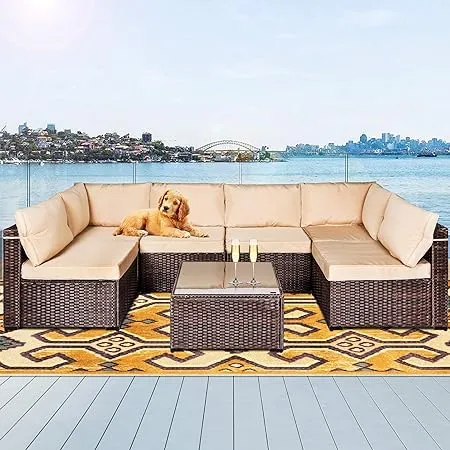 LAFWELL 7 Pieces Outdoor Patio Furniture Sets,Rattan Conversation Sectional Set,Manual Weaving Wicker Patio Sofa with Tea Table